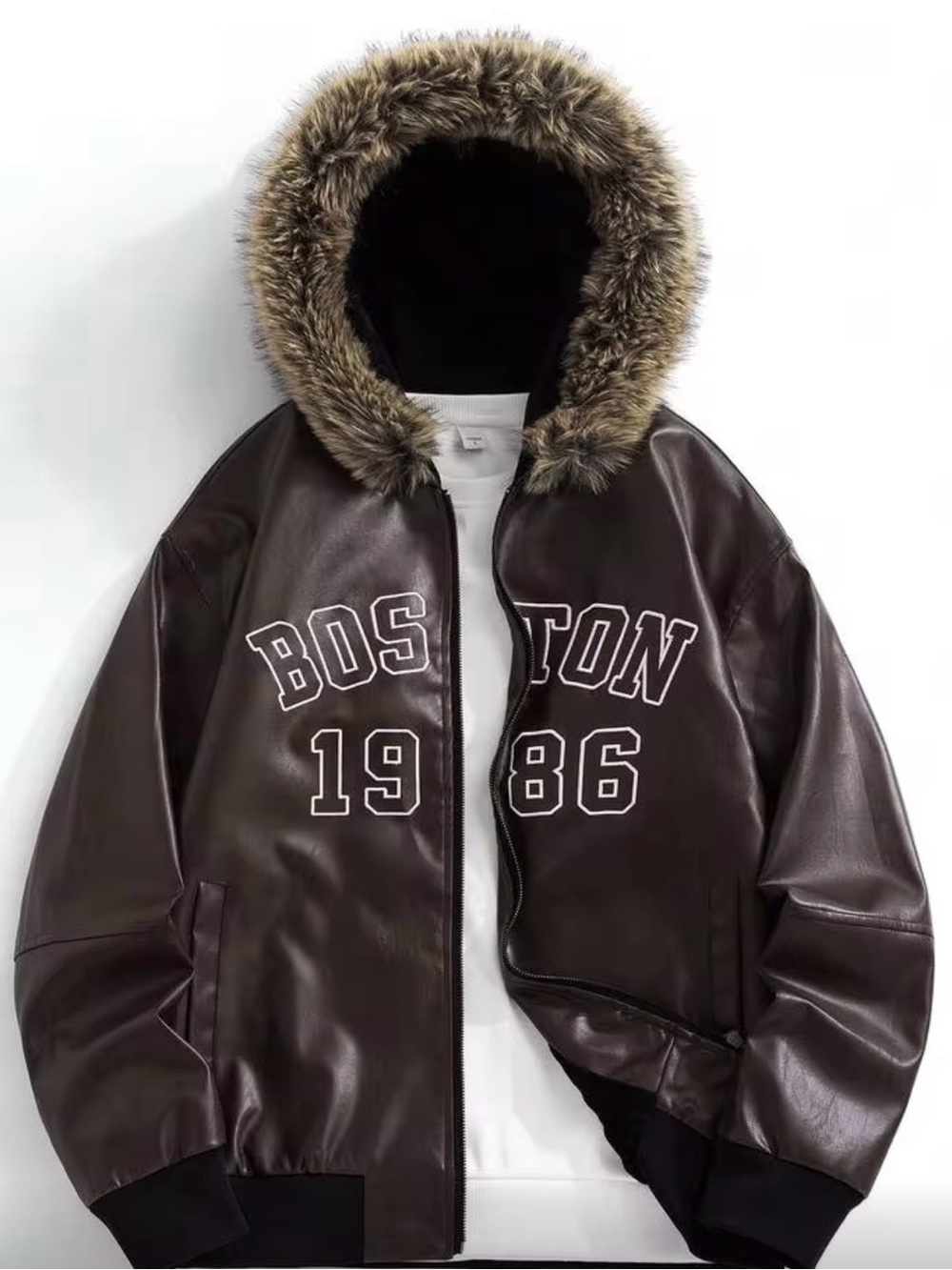 Men's Black PU Leather Bomber Jacket with Fur-Trimmed Hood
